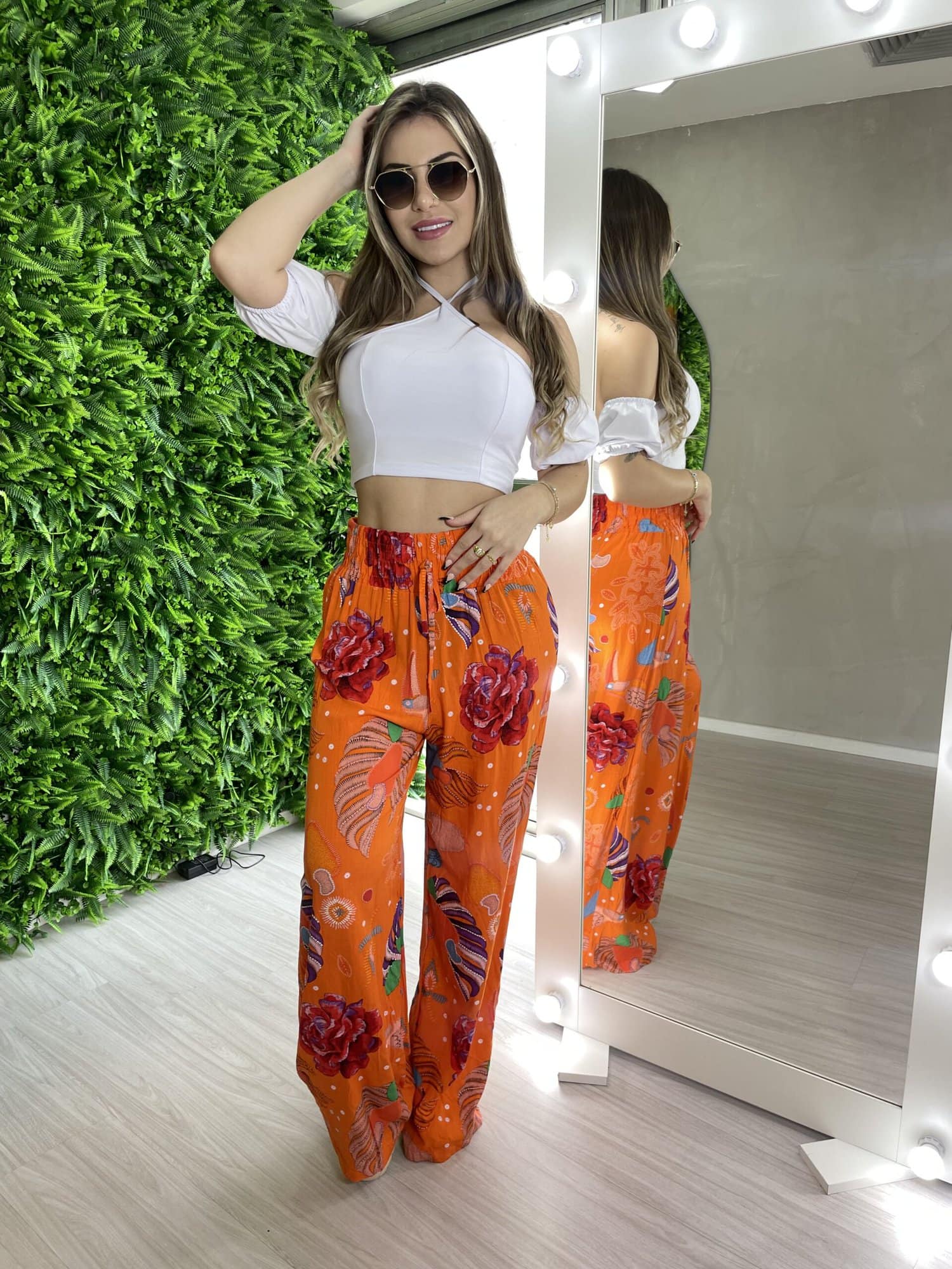 CALÇA PANTALONA VISCOSE ESTAMPADA COM CORDINHA