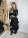 saia midi plissada babados preto
