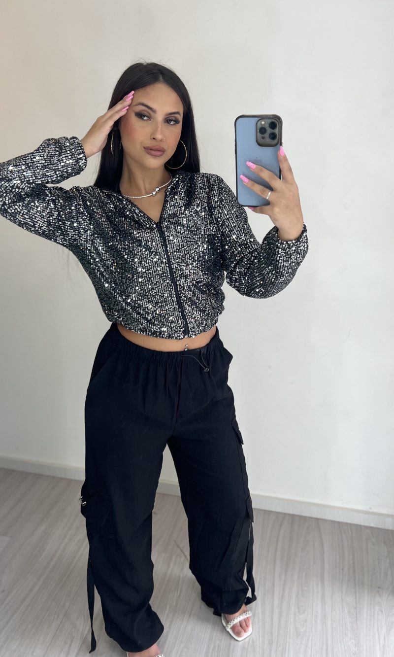 jaqueta bomber paetê kiss prata