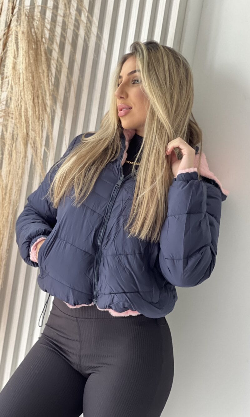 jaqueta puffer reversível ursinha azul marinho com rosa jaqueta puffer reversível ursinha azul marinho com rosa