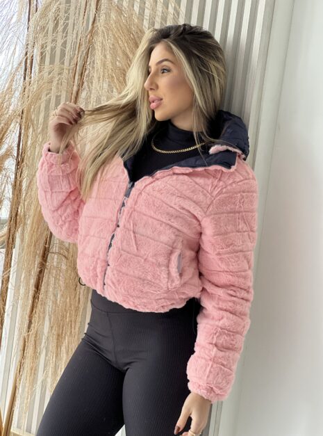 jaqueta puffer reversível ursinha azul marinho com rosa