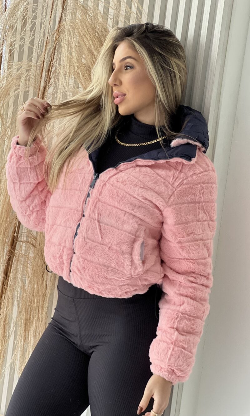jaqueta puffer reversível ursinha azul marinho com rosa
