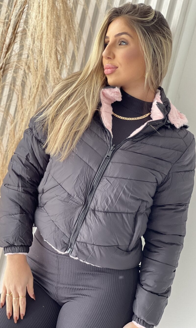 jaqueta puffer reversível ursinha preto com rosa