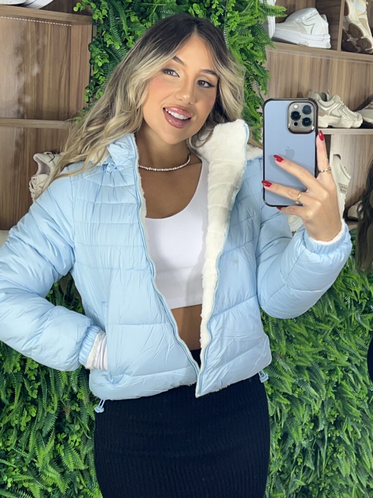 jaqueta puffer reversível ursinha azul bb com branco