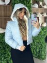 jaqueta puffer reversível ursinha azul bb com branco