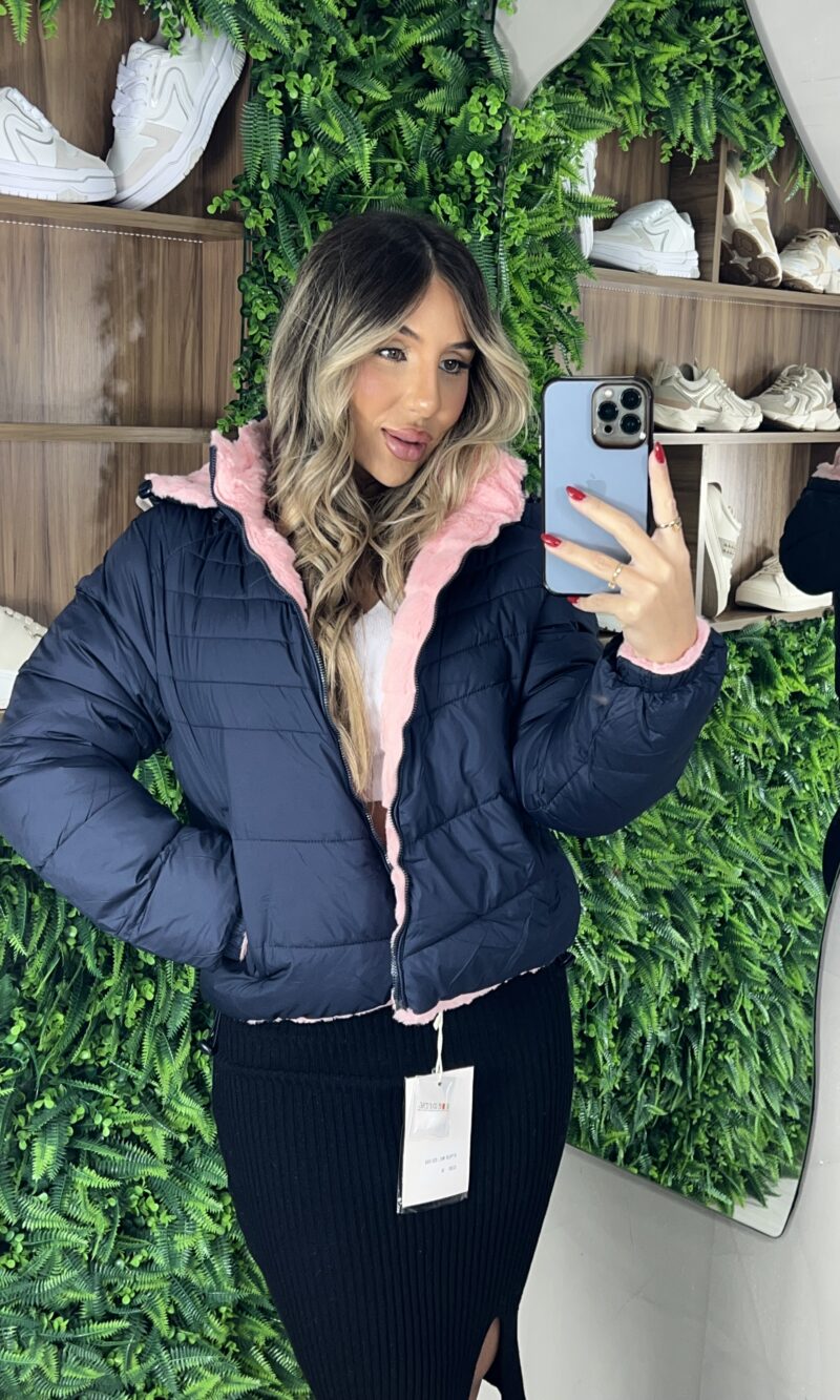 jaqueta puffer reversível ursinha azul marinho com rosa jaqueta puffer reversível ursinha azul marinho com rosa