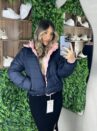 jaqueta puffer reversível ursinha azul marinho com rosa
