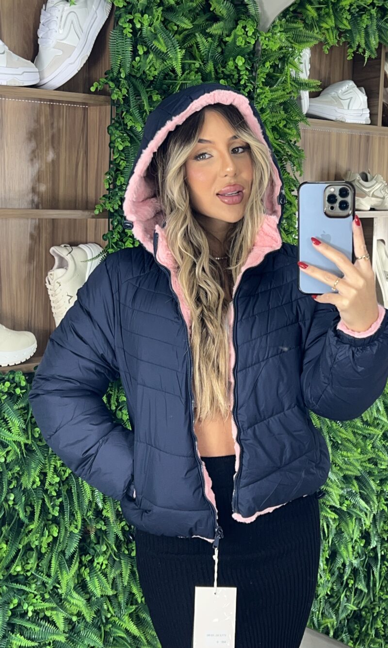 jaqueta puffer reversível ursinha azul marinho com rosa