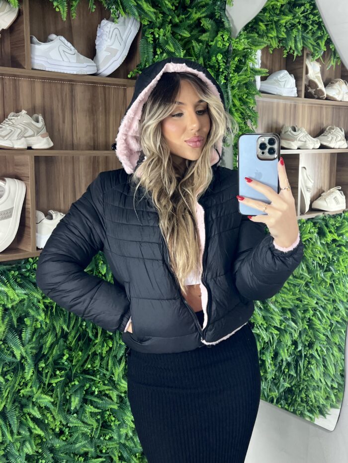 jaqueta puffer reversível ursinha preto com rosa