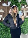 jaqueta puffer reversível ursinha preto com rosa