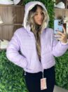 jaqueta puffer reversível ursinha lilás com branco