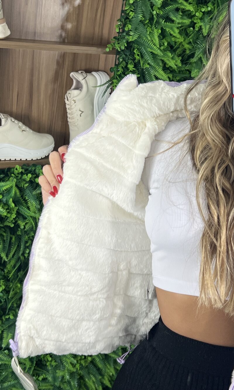 jaqueta puffer reversível ursinha lilás com branco jaqueta puffer reversível ursinha lilás com branco