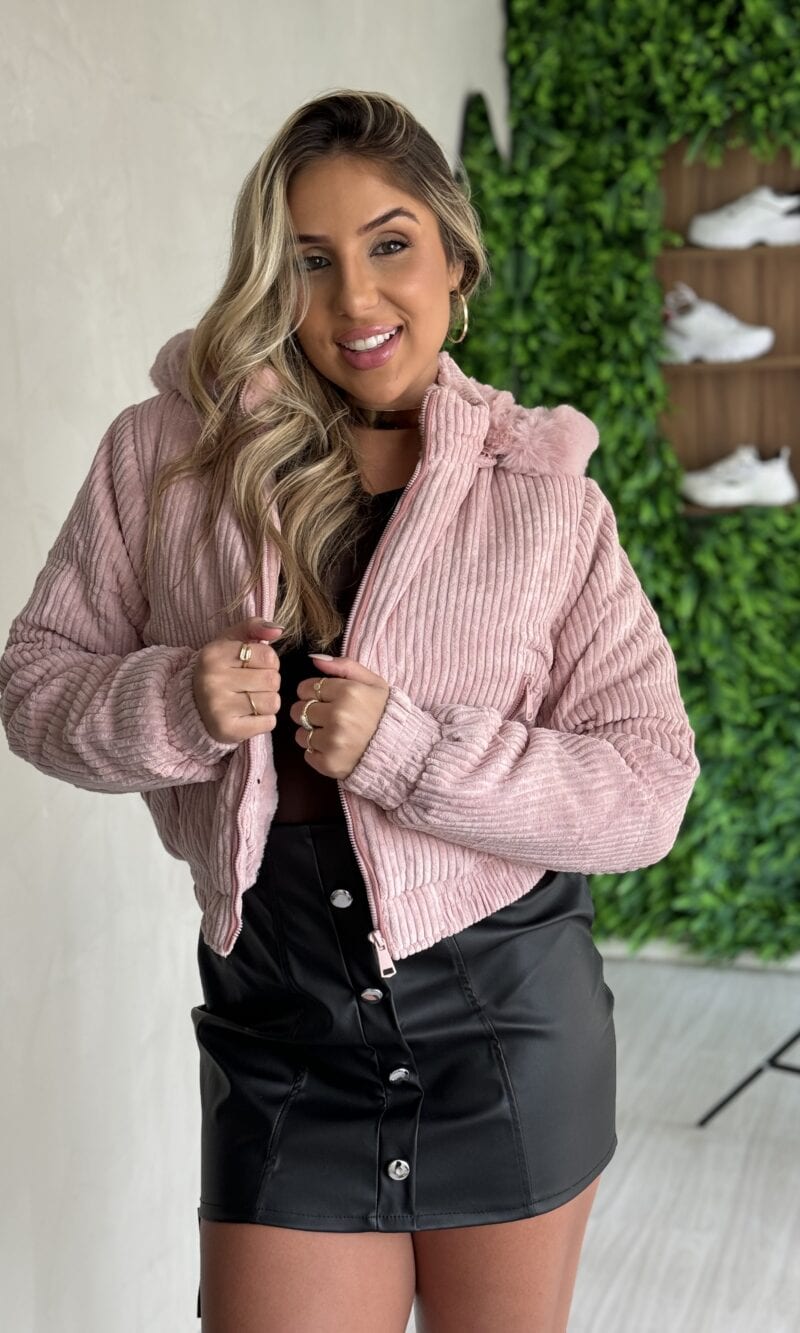 jaqueta puffer cotelê jaque rosa baby