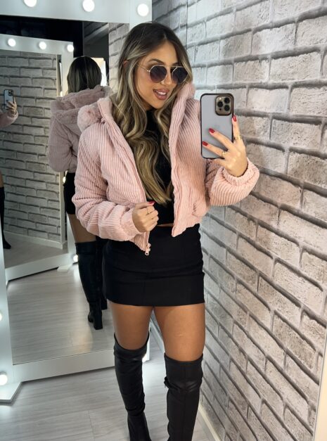 jaqueta puffer cotelê jaque rosa baby