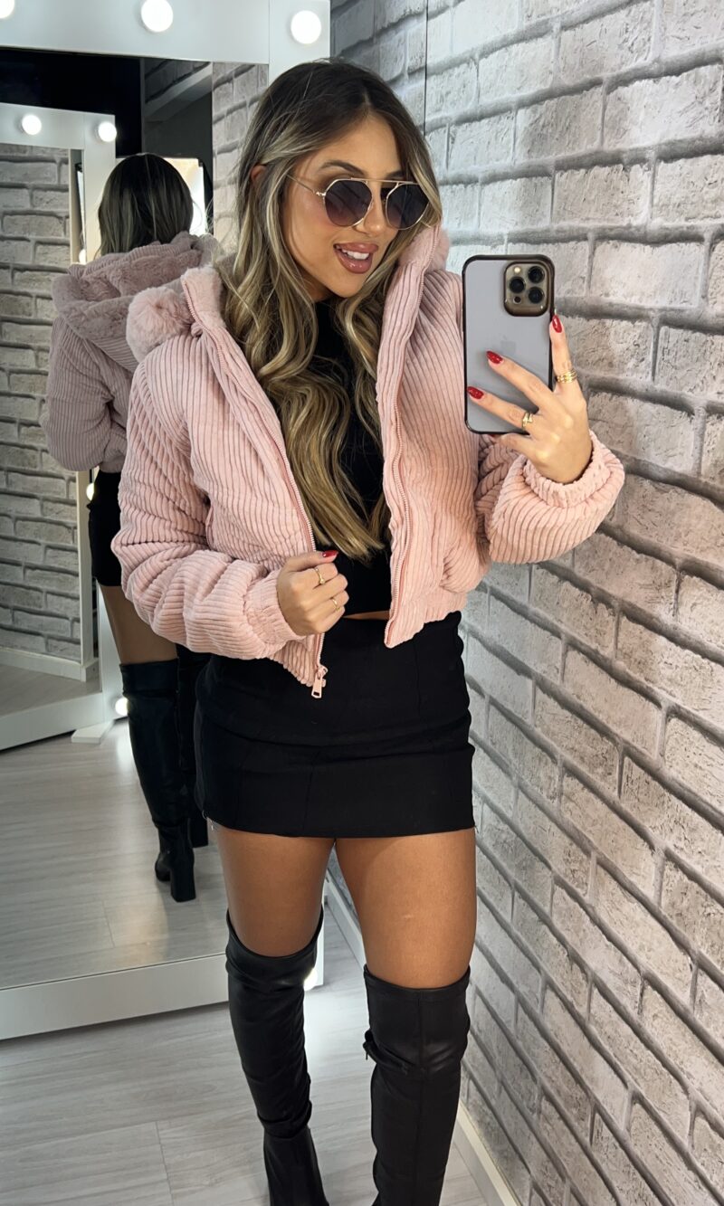jaqueta puffer cotelê jaque rosa baby