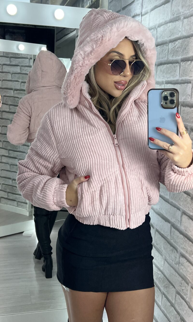 jaqueta puffer cotelê jaque rosa baby
