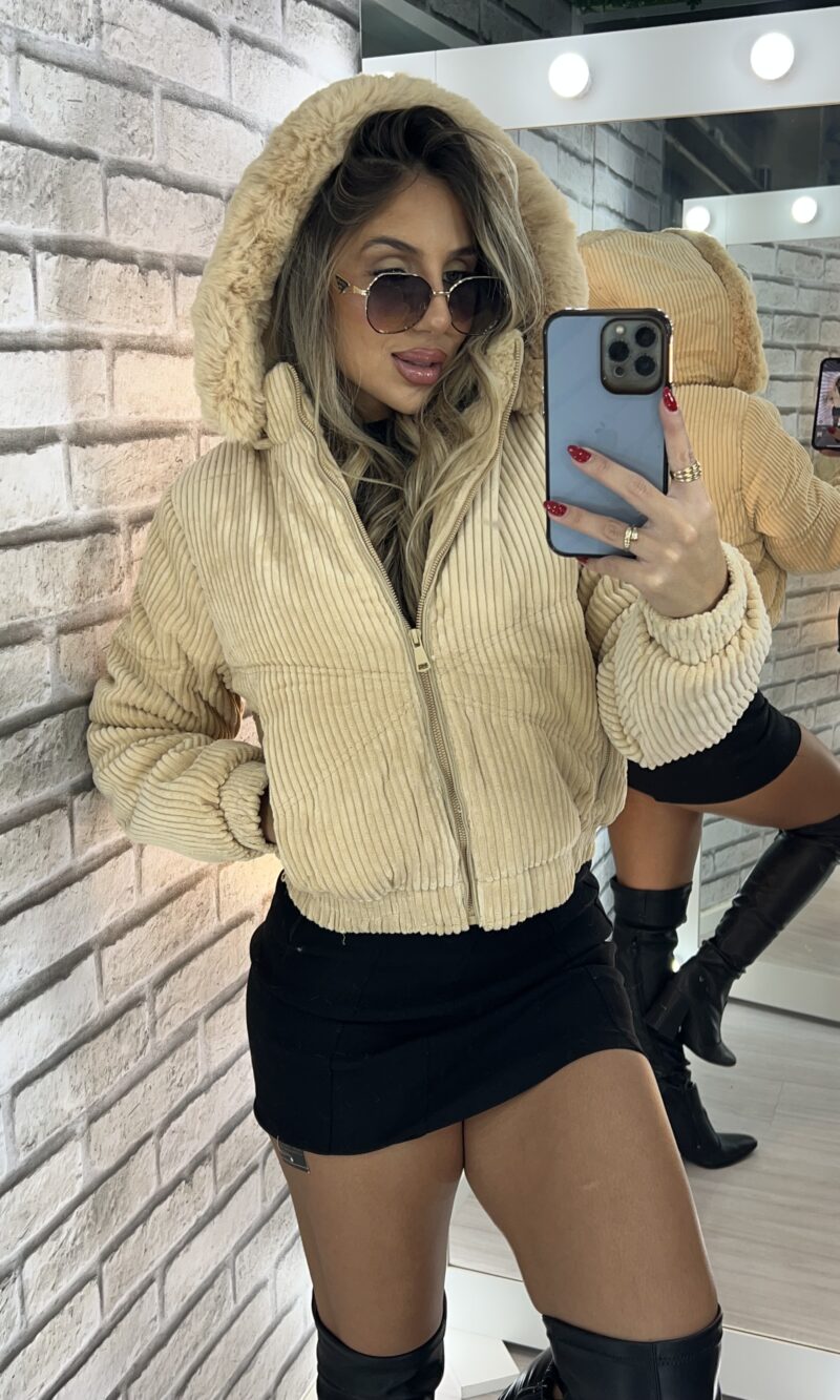 jaqueta puffer cotelê jaque bege