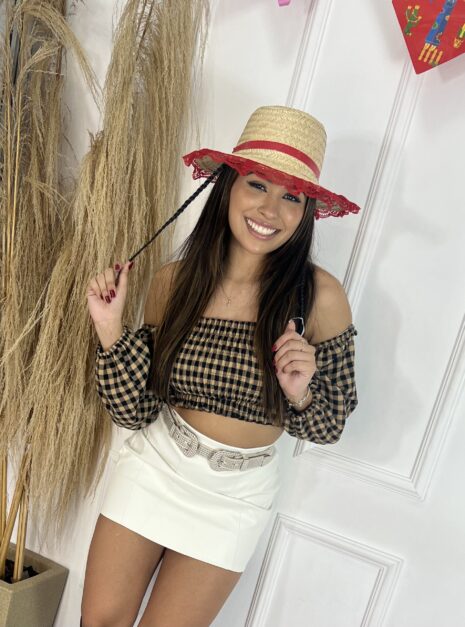 cropped manga longa xadrez mirna vermelho