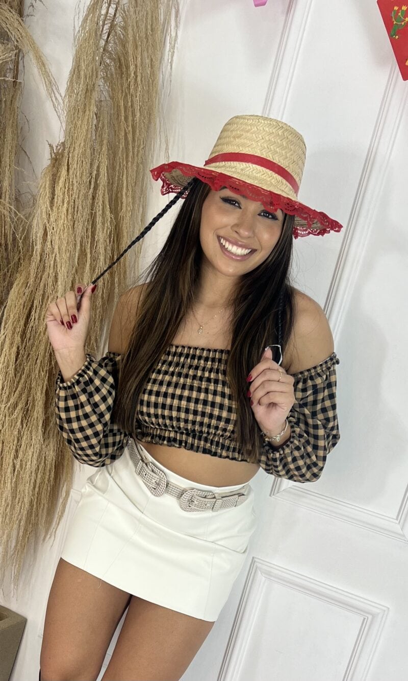 cropped manga longa xadrez mirna vermelho