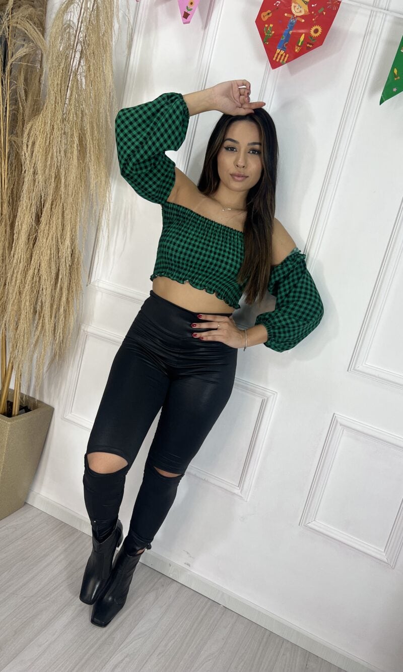 cropped manga longa xadrez mirna vermelho