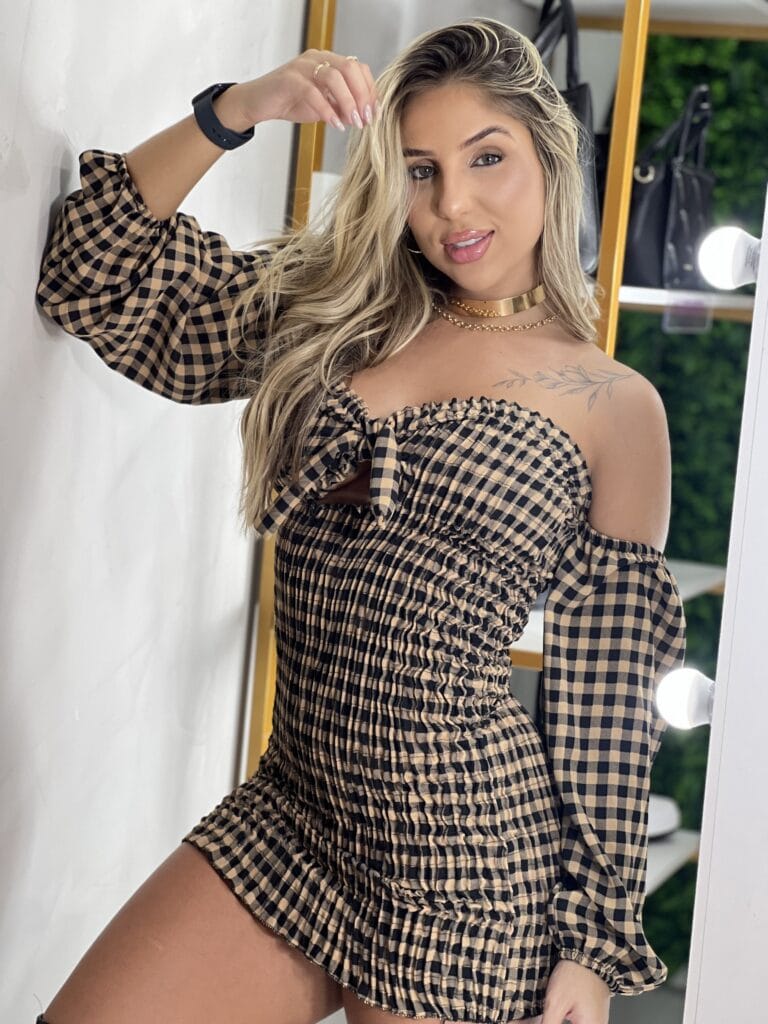 vestido nó cata xadrez bege