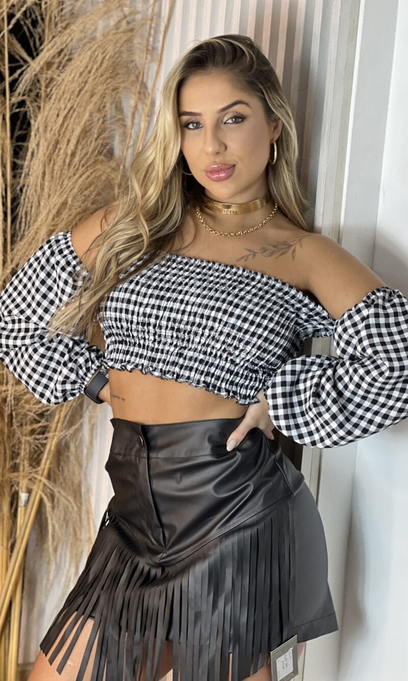 cropped manga longa xadrez mirna vermelho