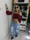 cropped manga longa xadrez mirna vermelho