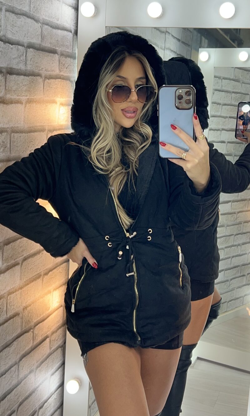 parka reversível suede e teddy joana preto