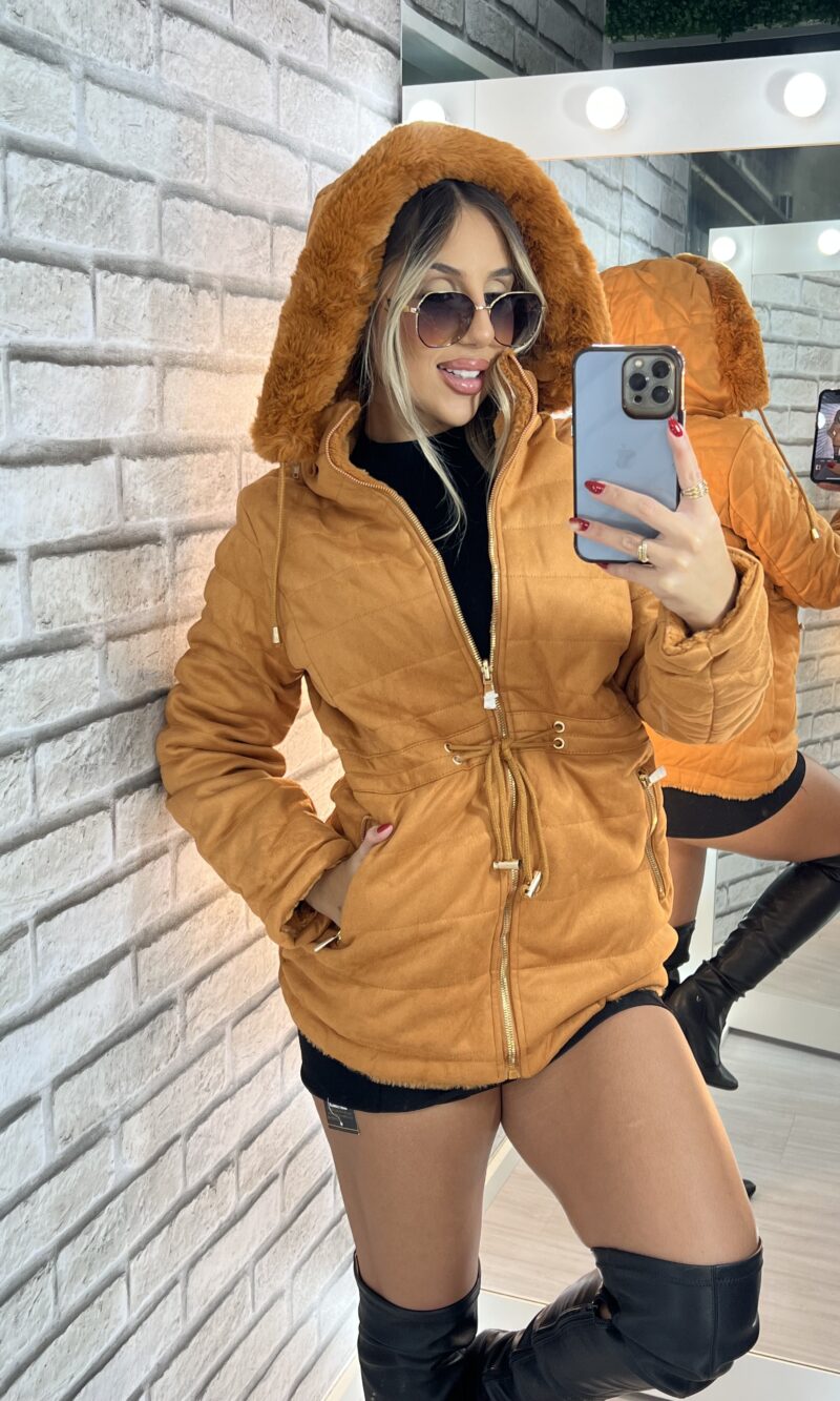 parka reversível suede e teddy joana caramelo