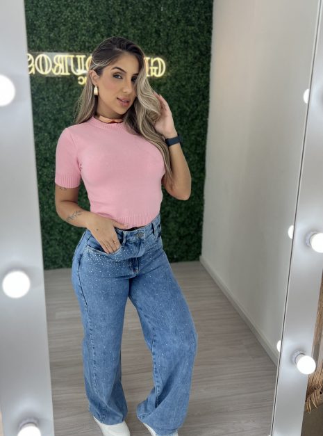 calça jeans wide leg strass
