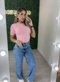 calça jeans wide leg strass