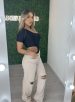 calça jeans wide leg nude
