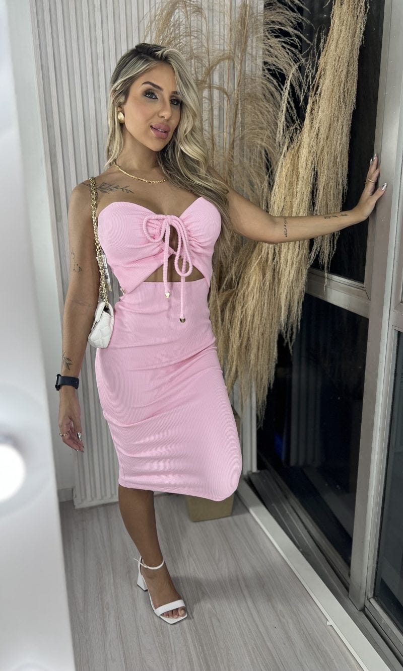 vestido midi decote amarração donna chica rosa bb