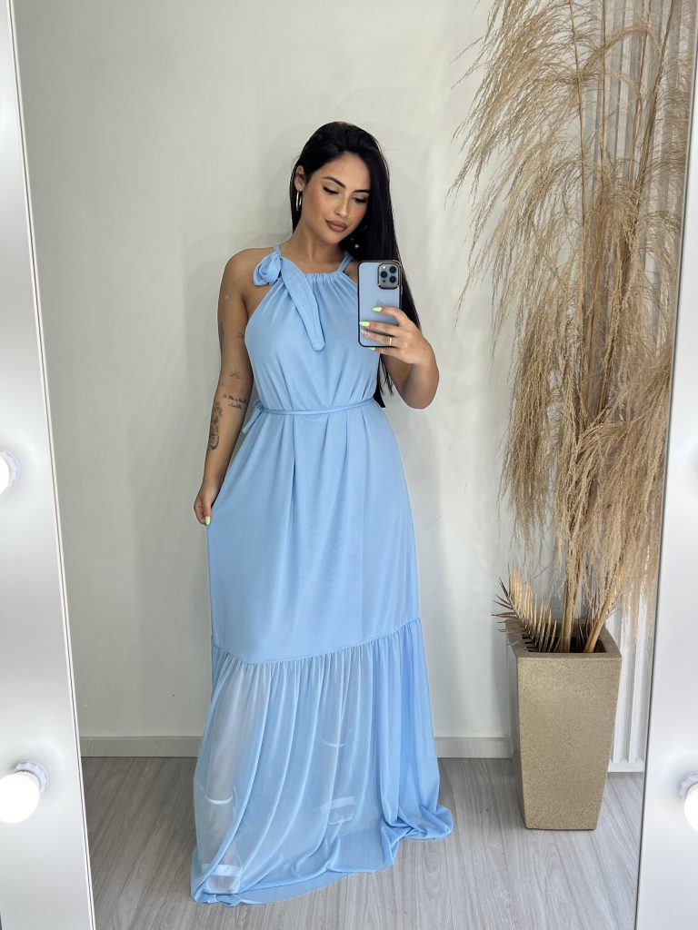 vestido longo iza azul