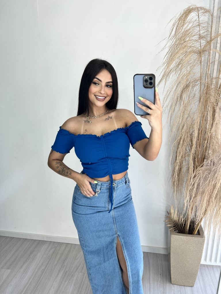 cropped drapeado picô donna chica azul petróleo