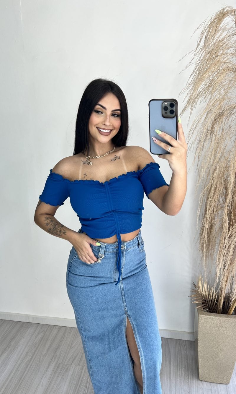 cropped drapeado picô donna chica azul petróleo