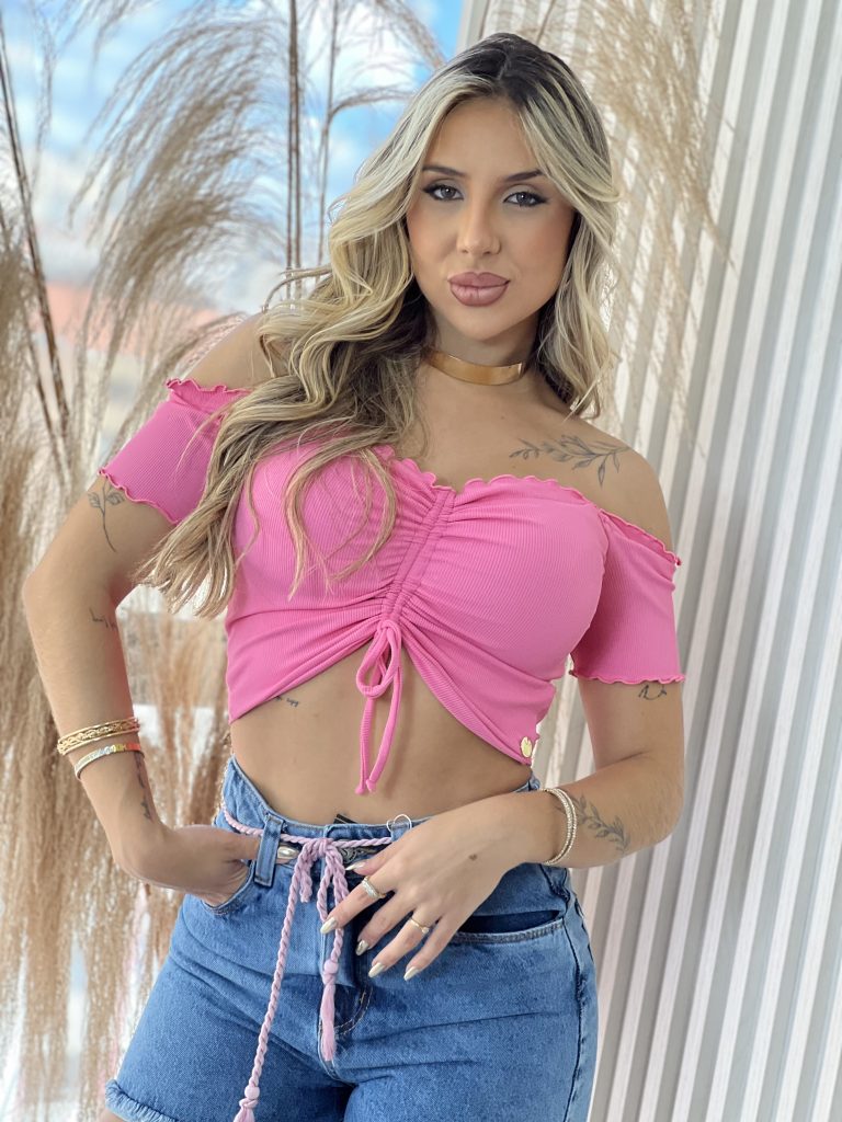 cropped drapeado picô donna chica rosa chiclete