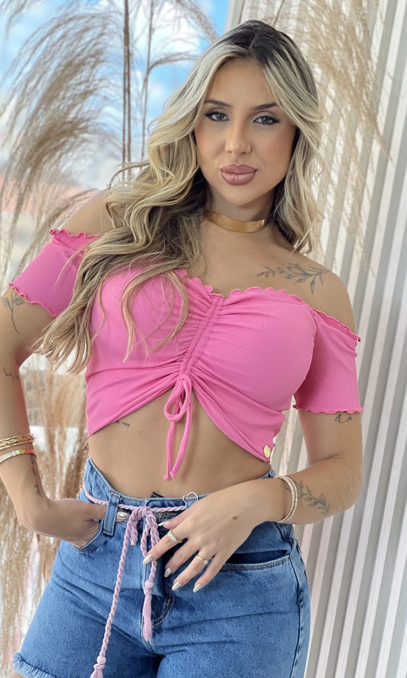 cropped drapeado picô donna chica rosa chiclete