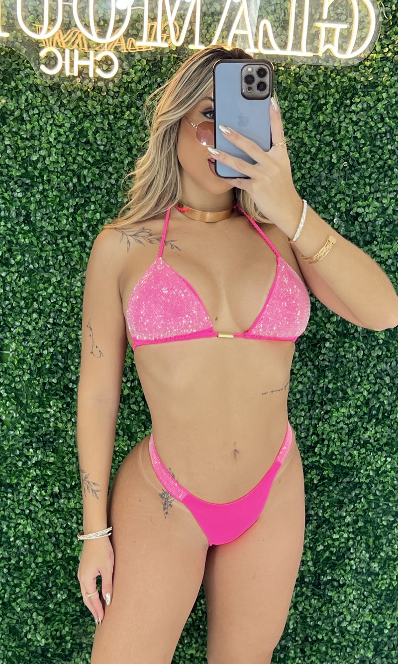 biquíni strass rosa neon