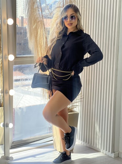 vestido camisa manga longa preto