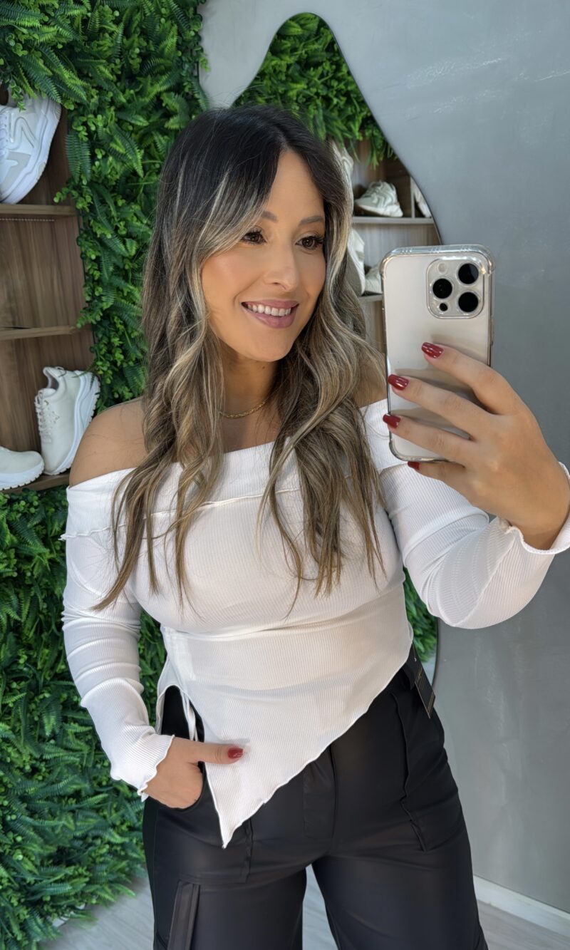 blusa manga longa celeste off white
