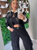 calça jeans cargo wide leg pequim black
