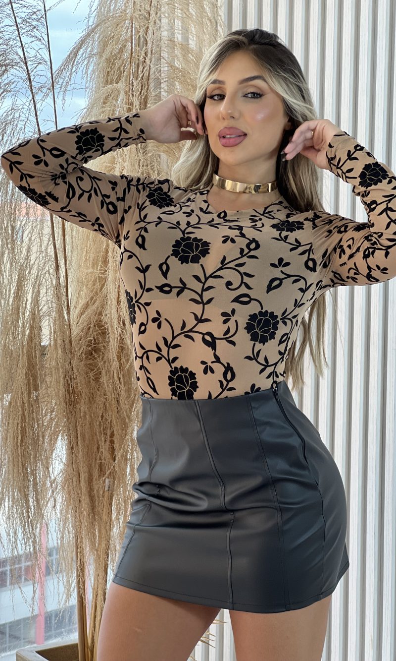 body tule manga longa fany bege