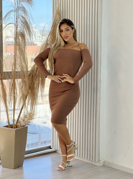 vestido midi manga longa carolina marrom