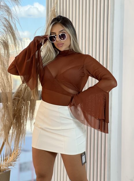 body tule manga longa ayra marrom