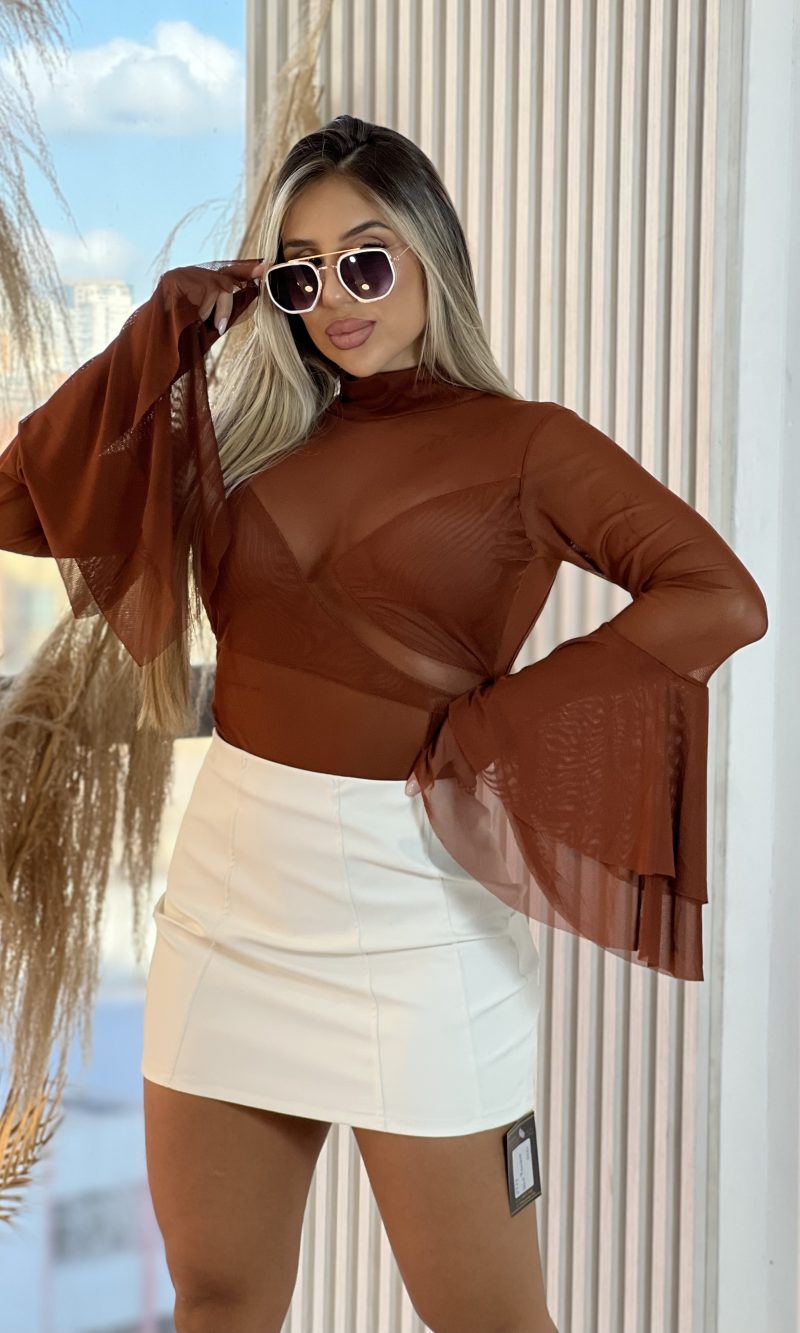 body tule manga longa ayra marrom