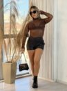 body tule manga longa joice marrom