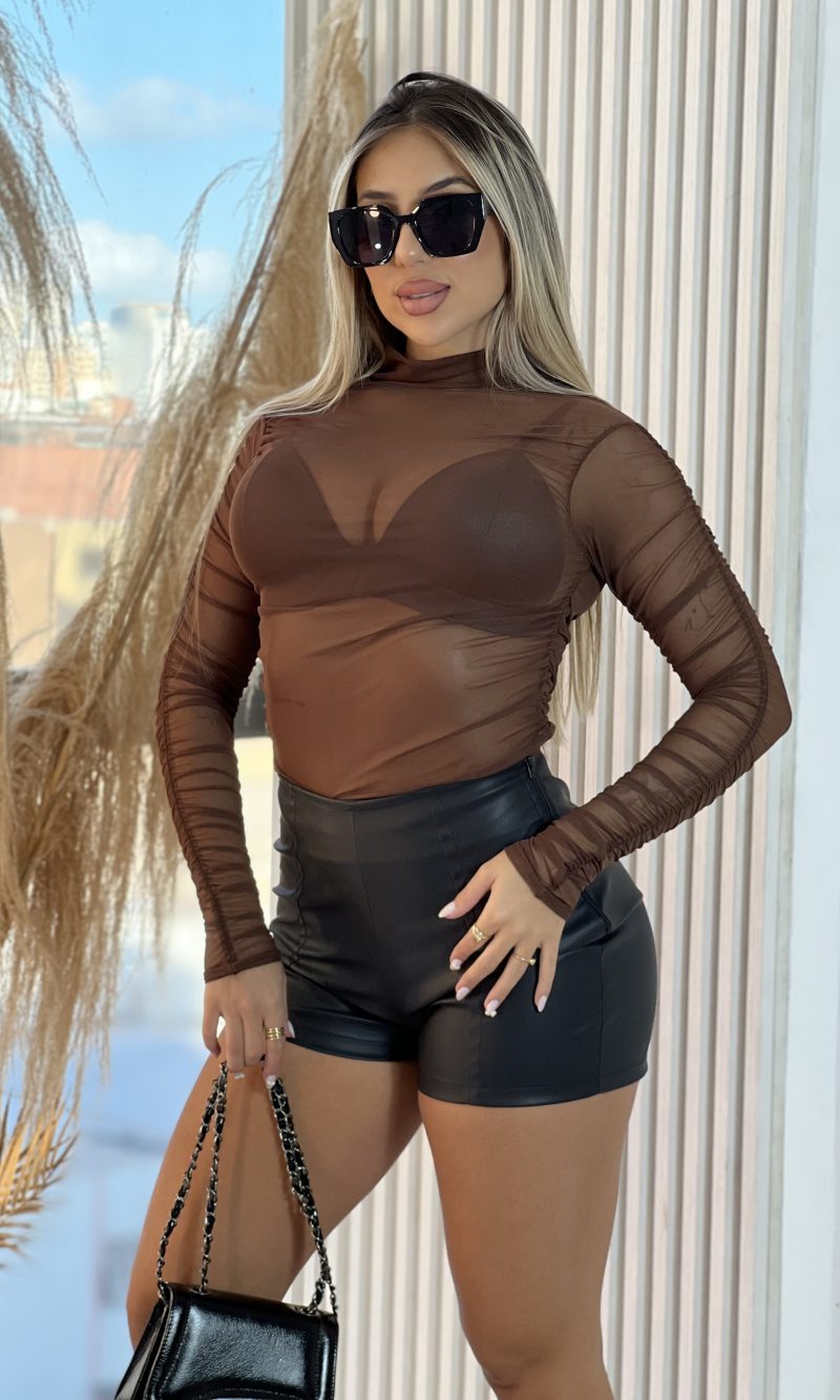 body tule manga longa joice marrom