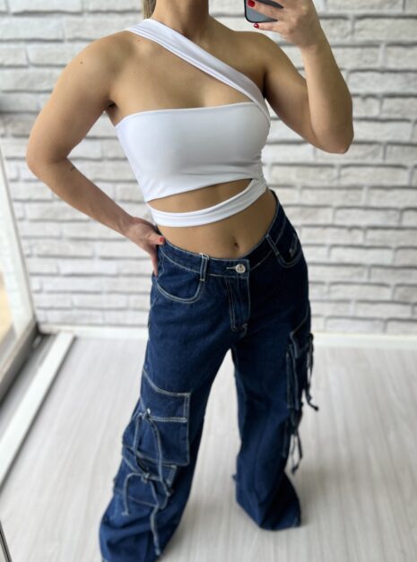 calça jeans escuro cargo wide leg pequim
