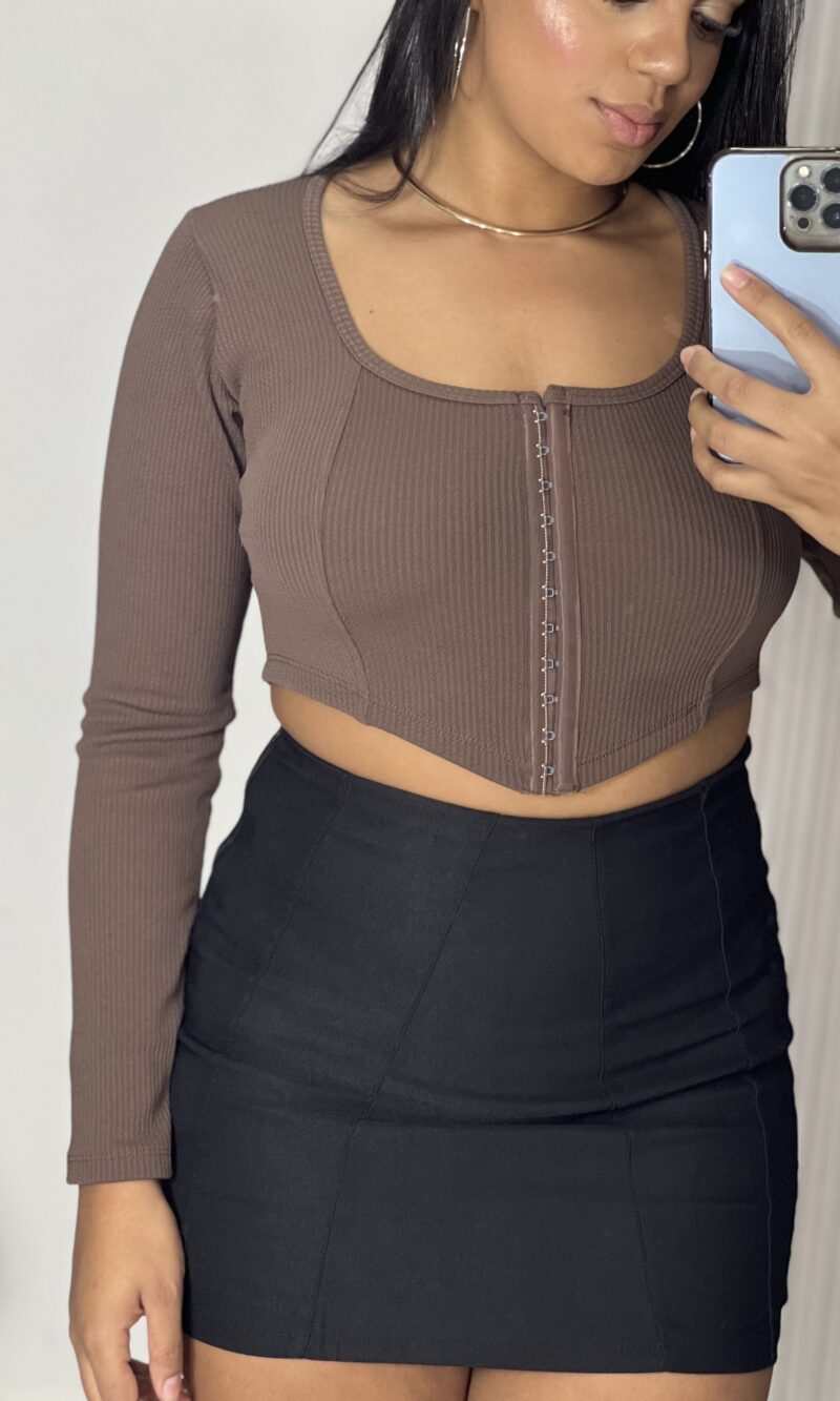 cropped manga longa lunely marrom